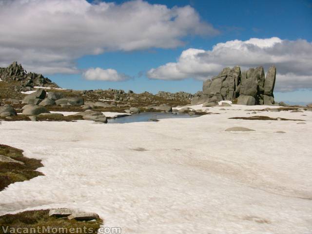 Ramshead Plateau in thaw - looking towards top of Sig Hill<BR>Everest on the left