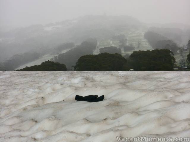 Last Wednesday's snowfall on the upper mountain<BR>My glove gives scale to the unevenness of the snow cover