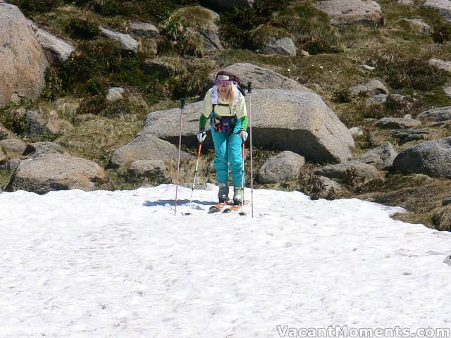 Marion in a 'starting gate' of old ski poles found above the slope