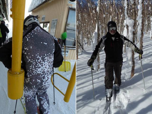 This is actually the suit material not snow-filled mesh.<BR>Rosco finally got Rob off his board and onto skis.<BR>photos courtesy of Rosco