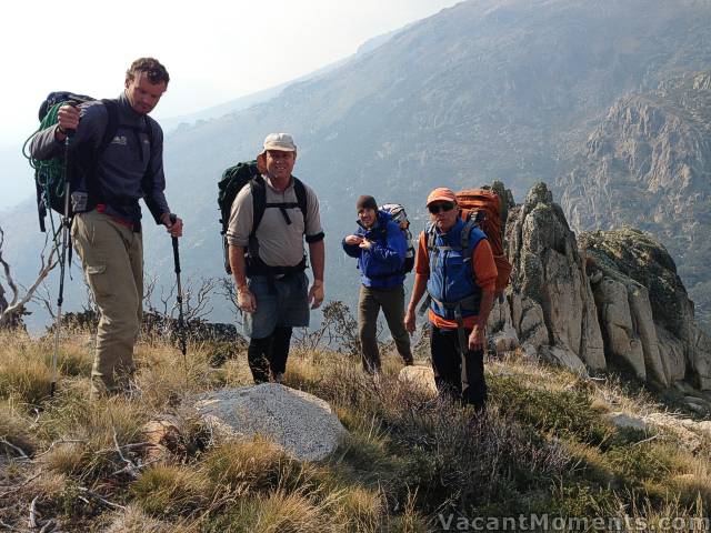 Matt Barnes, Mike Law-Smith, Matthew Quomi and Peter Cocker<BR>scoping for new climbing opportunities