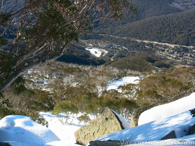 Looking past the natural snow from Eagle Way<BR>to the man made snow way below on Friday Flat