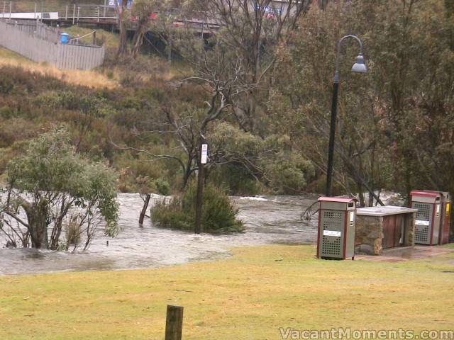 The Thredbo River breaking its banks in Thredbo Village