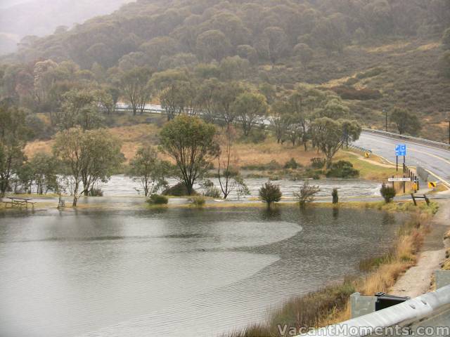 The snowmakers' pond rejoining the river