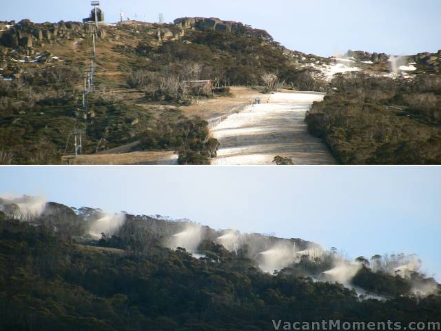 Snowmaking on Saturday morning on Eagle Way (look hard centre right)<BR>and on Merritts