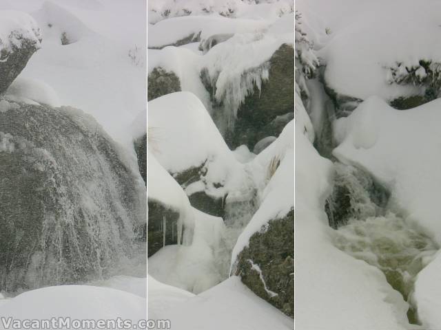 There are waterfalls everywhere<BR>still draining away all the rain that preceded the snow