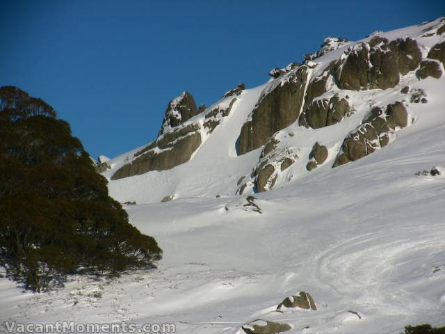 Wednesday: 'Balls to the Wall' above the Basin, looking spectacular<BR>It was skied later after I'd gone