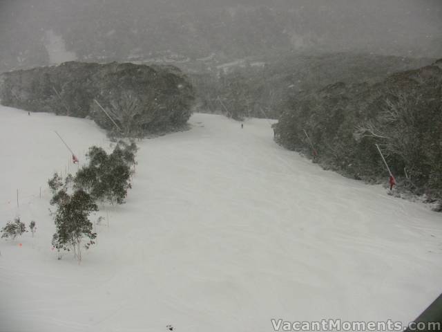 Looking through the snow flakes down Hump Run to Tower 10