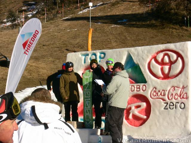 Open Womens Snowboard: (all results listed 1st to 3rd not left to right)<BR>1st Bethany Palmer, 2nd Cassie-Jo Coates & 3rd Ellen Rowles