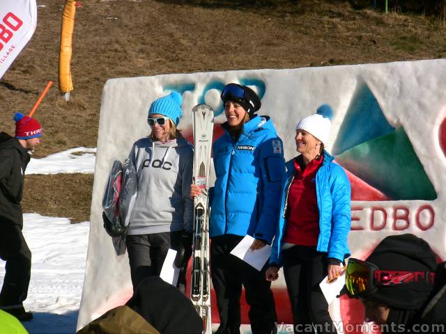 Open Womens Ski: 1st Katya Crema, 2nd Sami Kennedy-Sim & 3rd Marie McGree<BR>Podium steps (left to right) are 2nd, 1st & 3rd