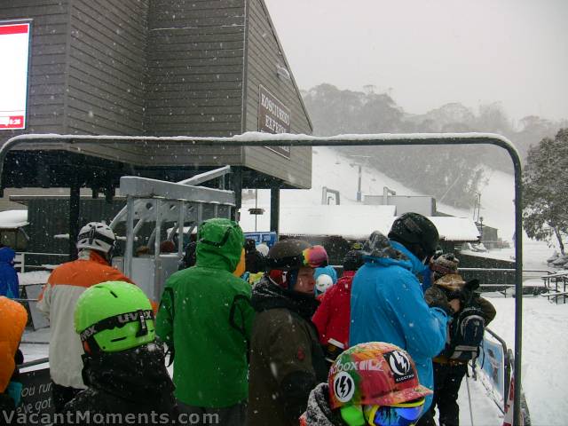 Thursday morning queue for first chair whilst flakes kept falling