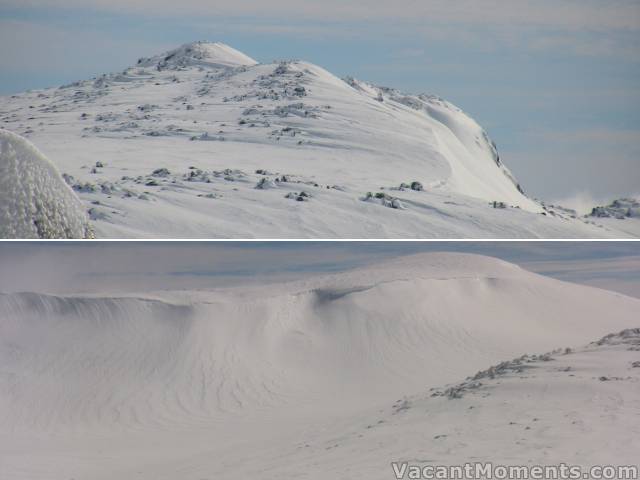 Etheridge and first glimpse of Kosi cornice and peak (top right)<br>from behind Pyramid (North Ramshead)