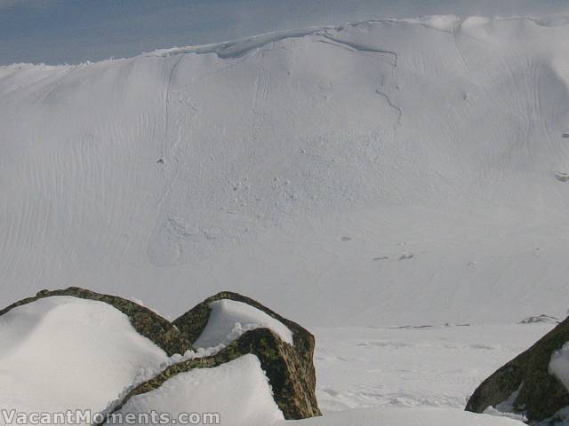 A wide 'slide' area on the South Ridge - a place I like to ski under safer conditions<BR>Some of the ice blocks were the size of small cars