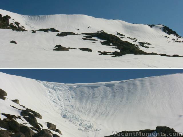 Ethridge range with slide on left and our tracks on right<BR>This slide happened sometime during our first ascent and descent