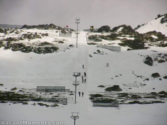 A platoon of back country skiers take to (closed) Karels T-bar line - today