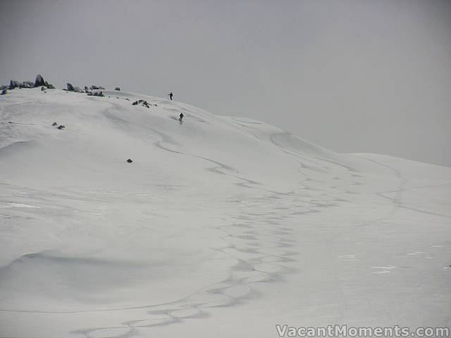 Tom and Peter above both my tracks<BR>Can just make out boarder track between mine at top then skiers right