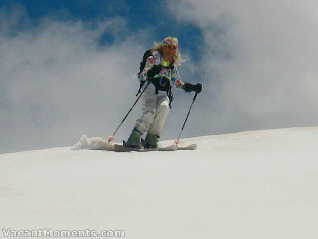 Marion on the Main Face with a big smile on her face<BR>glad to be back in Aus and on snow