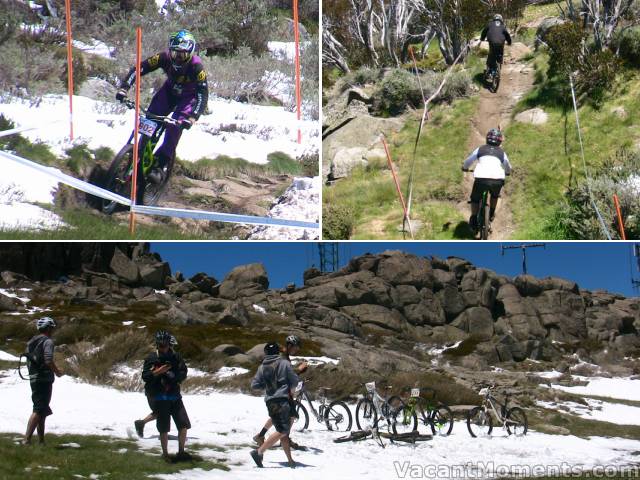 MTB in snow, MTB without snow<BR>and riders taking happy snaps of their bikes behind Eagles Nest<BR>Yes it is December 7th in Australia