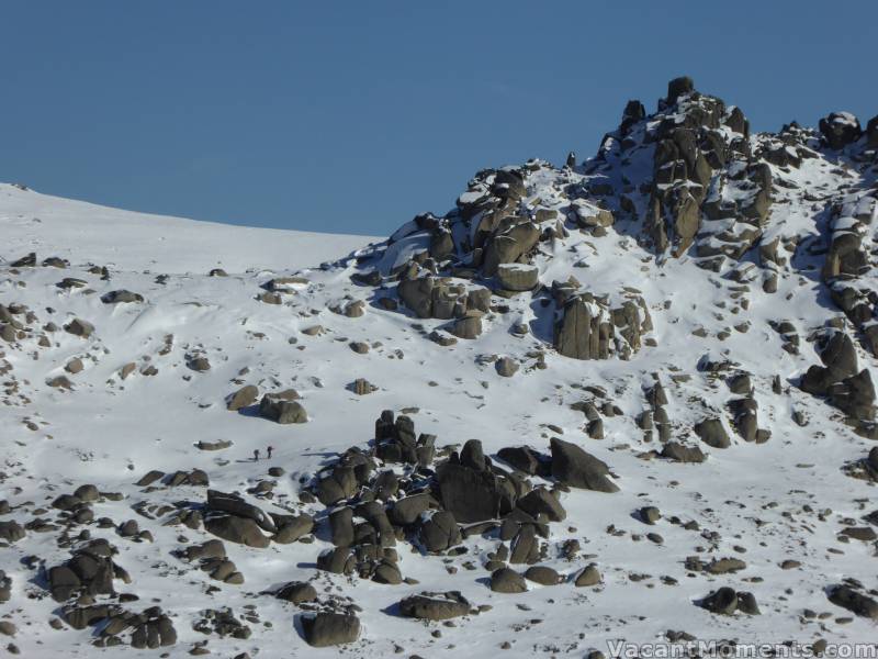 Two snow shoers approaching the Back Door<BR>Everest on the right