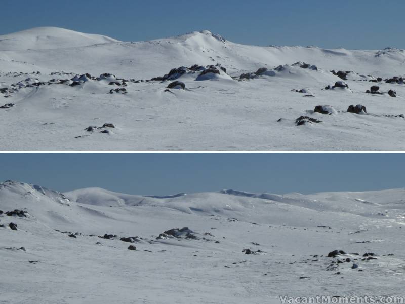 Panorama: Top - Kosi top left, Etheridge centre. Bottom - Club Lake Chutes, Seamans Hut and onwards