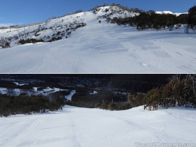 Funnel Web was groomed from below Trap Door down to the Tower 10   exit<BR>Looking back up and down from the start of the steep descent