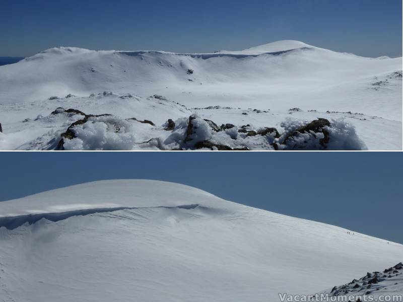 What a day! Kosi Cornice with the Australia's highest peak top right<BR>It's hard to show or explain the majesty of this sight<BR>For scale purposes, the black dots on the right in the bottom picture are other climbers