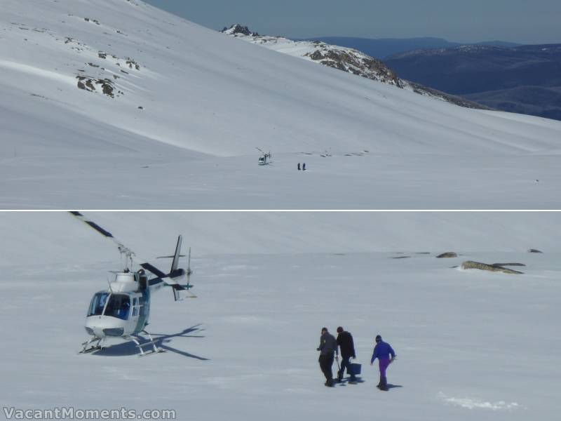 The very unusual sight of a chopper on the edge of Lake Cootapatamba<BR>What is in or was in the esky, transferred from or to a hole dug in snow (bottom right)?