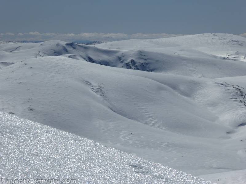 Looking to the Club Lake Chutes - note sparkling ice cover on top of Mt Kosciuszko