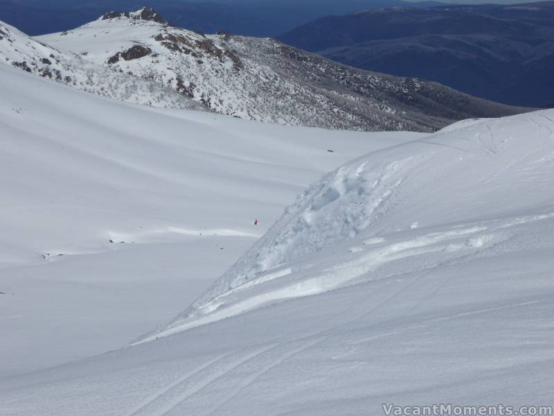 High on the Kosi Cornice looking towards South Ramshead<BR>the red dot in centre picture is the Cootapatamba emergency survival hut