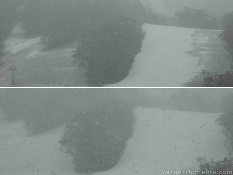 Tuesday's snowfall at it's peak at 1pm and again 2pm<BR>as the grassy knolls succumb to spring time ;-)