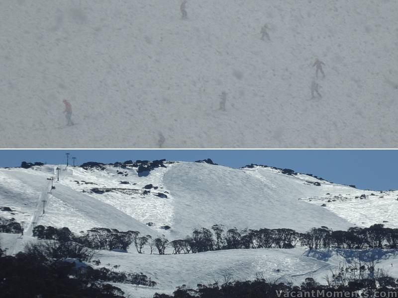 Poor vis on Sundance on Tuesday afternoon<BR>and the clear blue sky over Central Spur on Sunday before the storm<BR>They groomed it all and I missed out :-(