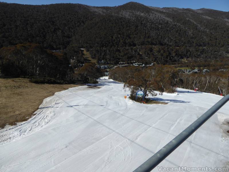 Tuesday morning looking down the lower Supertrail terrain park and Milk Run to the right