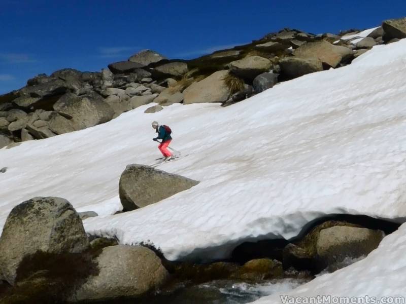 Marion passing between waterfalls