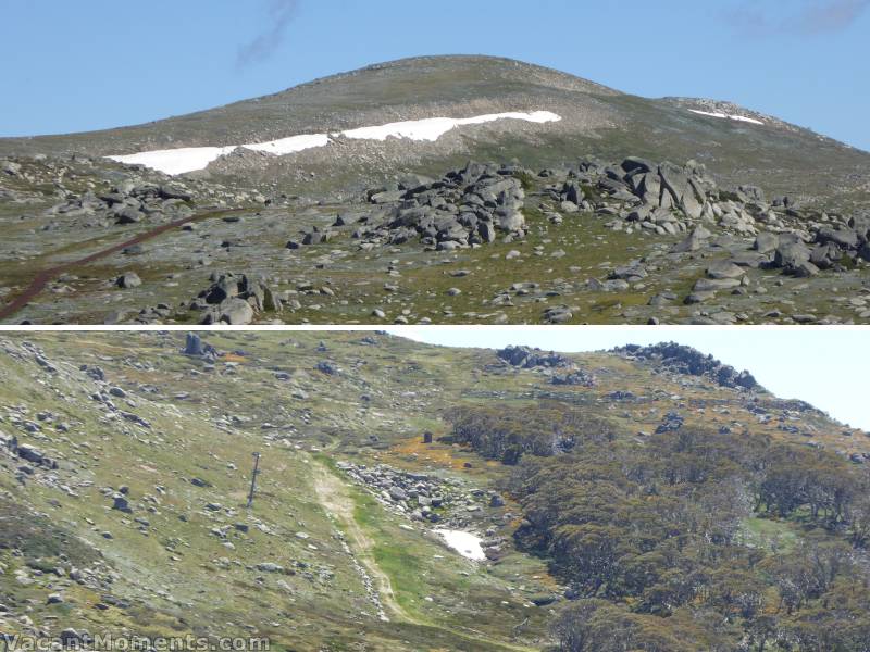 Mount Kosciuszko<BR>And below - the last snow in the resort - beside Antons T-bar