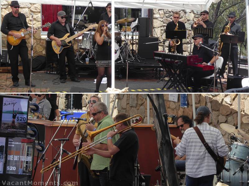 Andrea Marr and the Funky Hitmen plus Blue Heat playing in the shade by the poolside