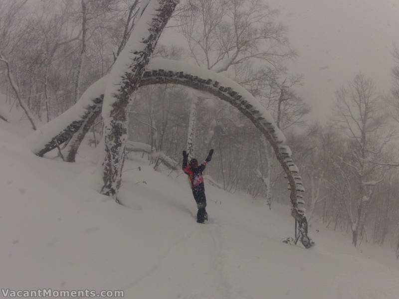 Peter riding through one of the 'features' often found in the trees