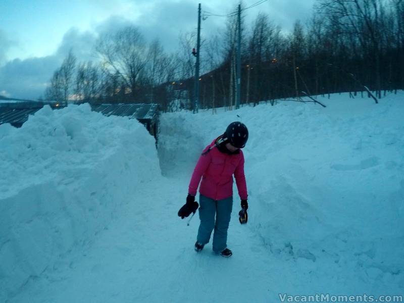 Andrea looks spent from snow clearing - as night settles in