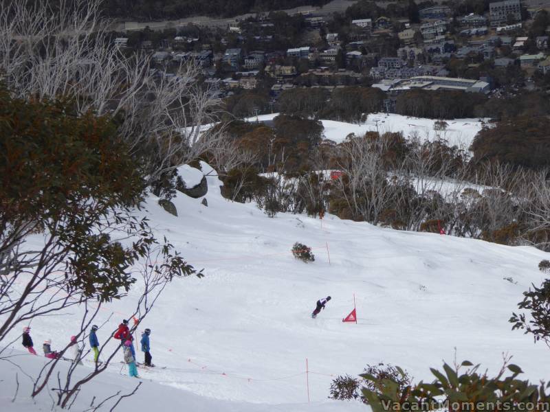 The course finished near the top of True Blue, way above the village<BR>You can just see the red snow cat on the finish line through the trees