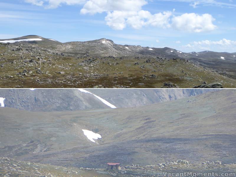 Top centre: Mt Etheridge<BR>Bottom photo: Seaman's Hut is nothing more than a single pixel in the top photo