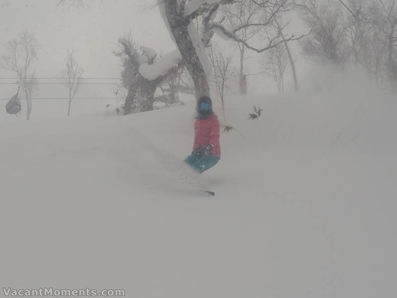 Andrea getting freshies in the fog