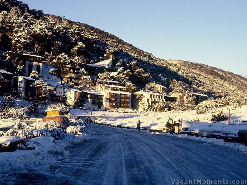 <em>Powder Day</em> - note the old New Kirk Lodge in the background - the outstanding building in the village