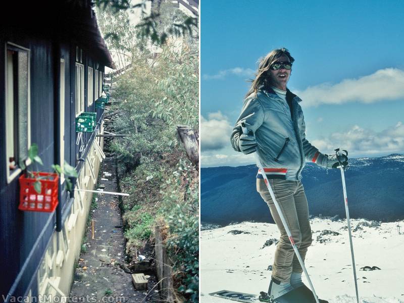 <em>Staff Lodge personal fridges</em> and Rosco on his mono ski<BR>Milk crate fridges still adorn the Squatters Run balconies in winter