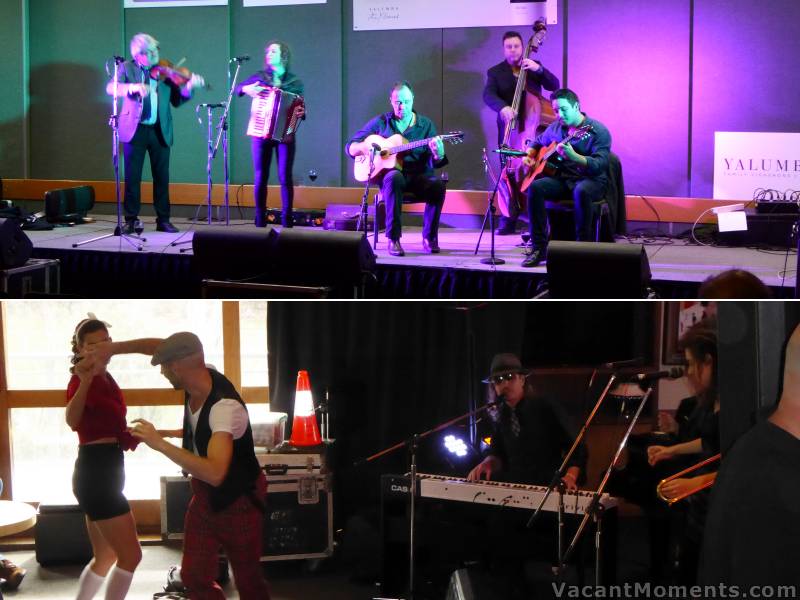 <strong>Feel The Manouche</strong> with a rarely seen <em>hatless</em> George Washingmachine on violin<BR>And swing dancers in front of <strong>The Big Ol Bus Band</strong> in the Lounge Bar