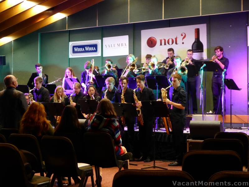 John Morrison standing on far left with his ever-so talented <strong>John Morrison Student Band</strong><BR> during a warm-up session in the Kosi Room