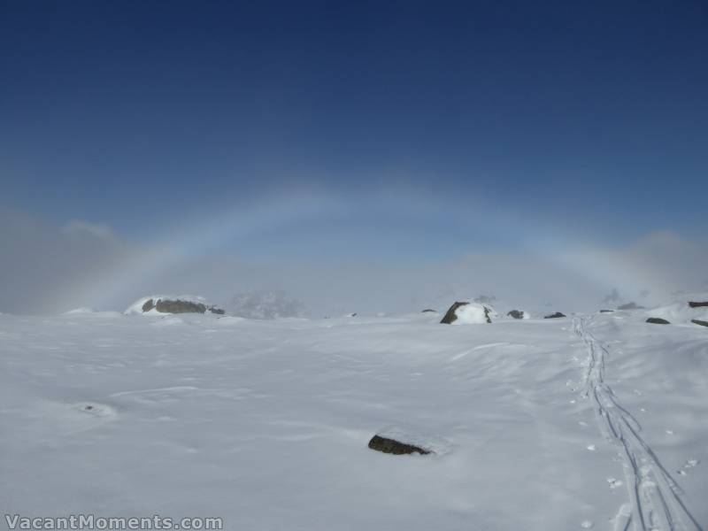 Where I stopped for hot coffee and a small chocolate bar - at the top of the world<BR>Yes, that is a faint rainbow not a fogged camera lens