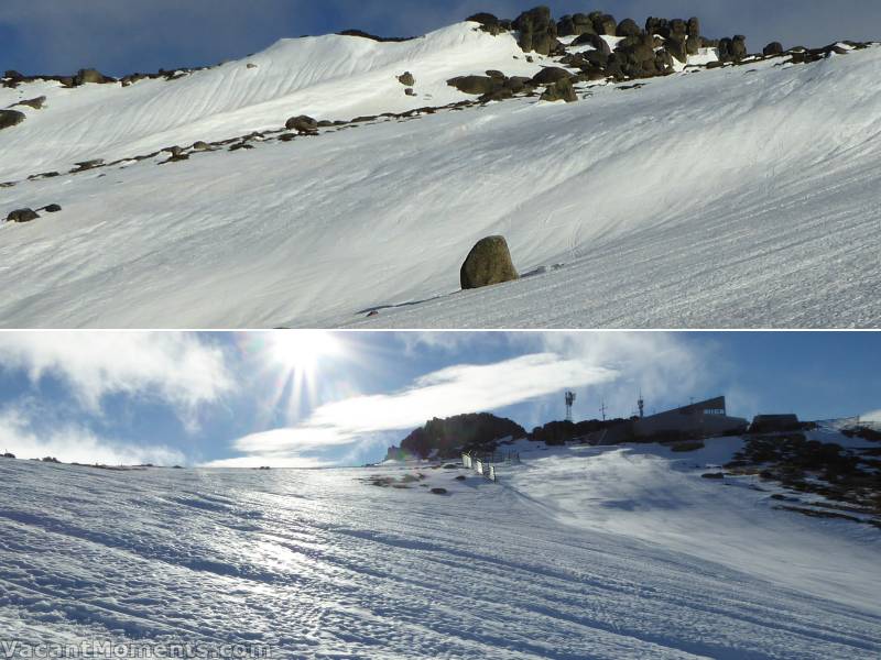 Before I took a Run on the 'Runnels' on the Rim Run<BR>and looking back towards Eagles Nest - strangely the off piste was softer than the groomed