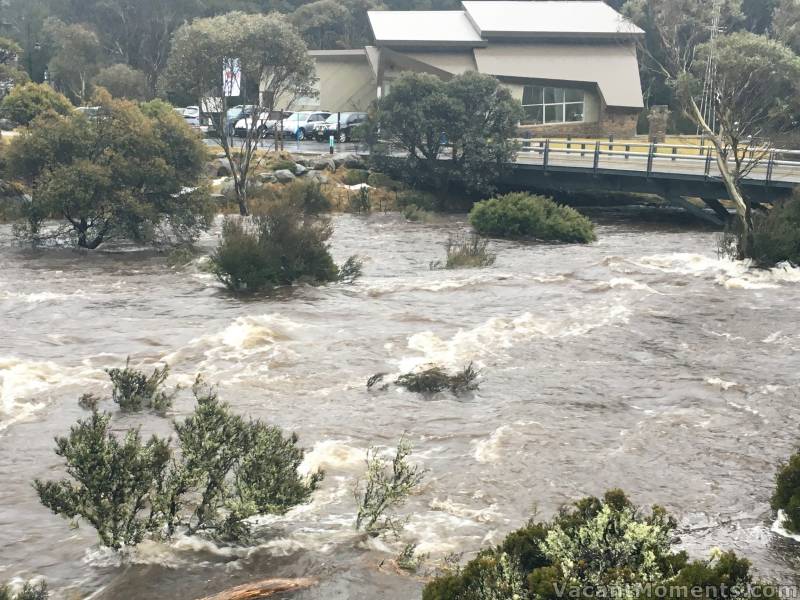 Yesterday afternoon: Thredbo River above it's banks down by the Chapel (photo courtesy of Peter)