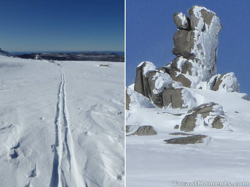 Skis running deep in the soft fresh and very dry snow<BR>The totem rock below Pyramid