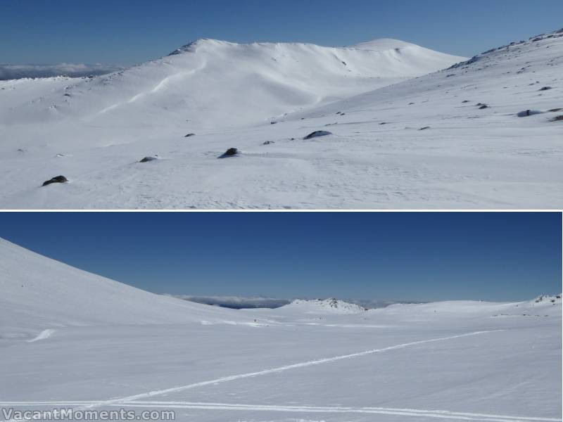 First glimpse of the South Ridge with the peak of Mt Kosciuszko to the right<BR>On the floor of Cootapatamba Valley with the survival hut just 2 pixels of red in the centre of the lower photo