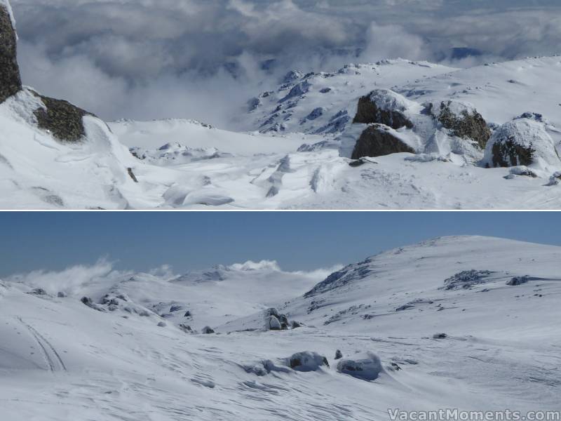 At the top of the South Ridge looking west and seeing the clouds for the first time<BR>Looking North West with Mt Townsend in the middle and Mt Kosciuszko on the right